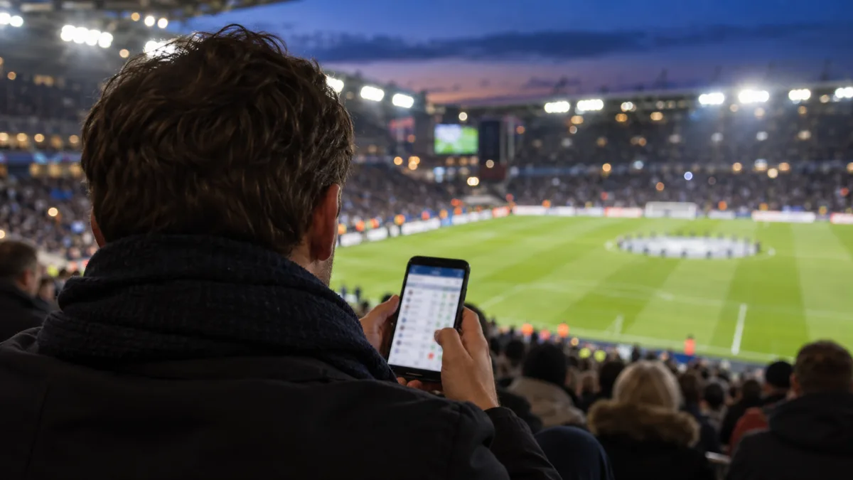 En åskådare med mörk halsduk håller en mobil med en suddig tabell i båda händerna på läktaren, med en grön fotbollsplan och strålkastare i bakgrunden.