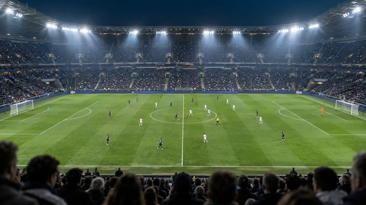 Fotbollsspelare i marinblått och vitt spelar på en upplyst plan i en fullsatt arena på kvällen, med suddiga åskådare i förgrunden.